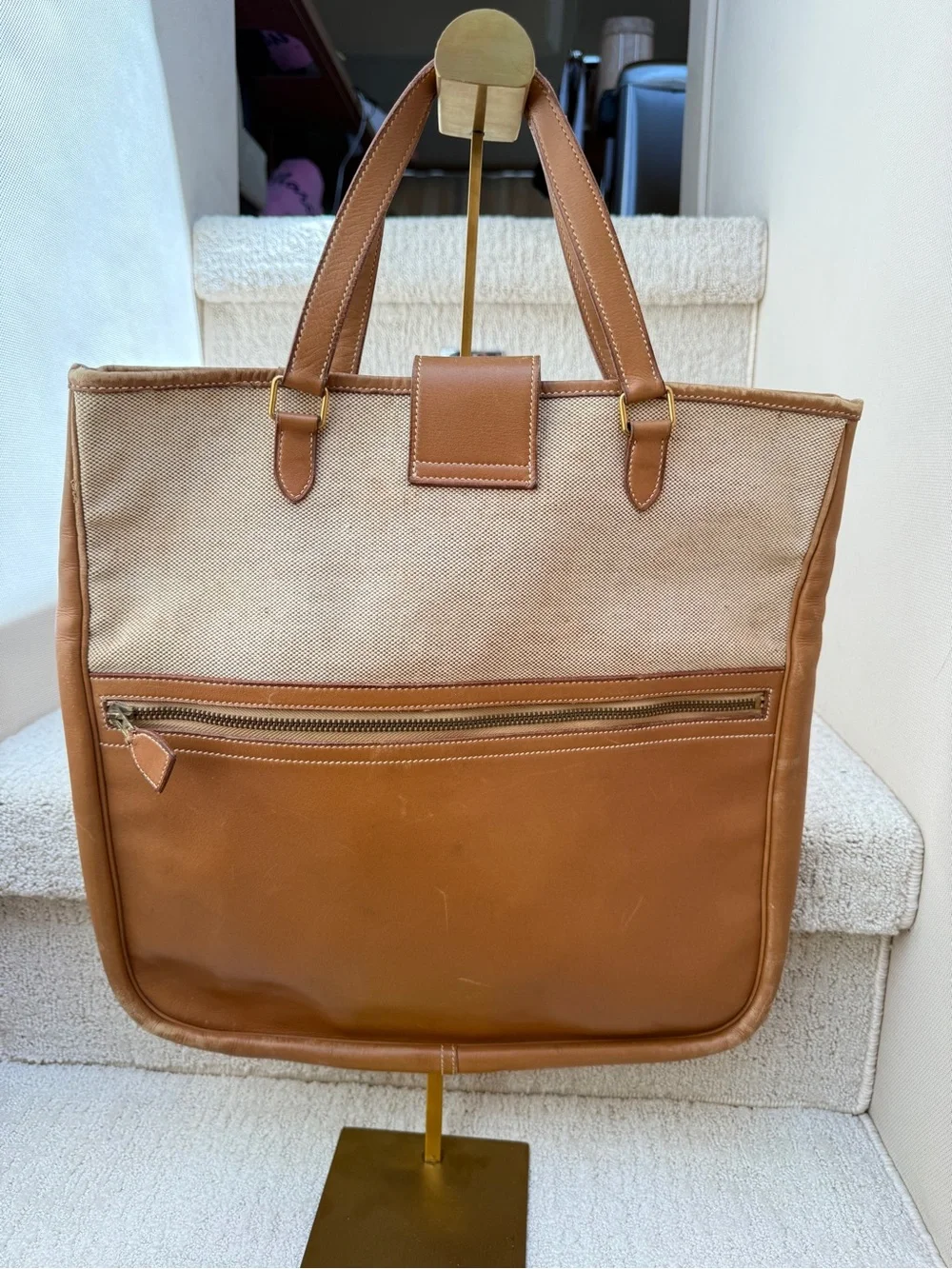 Hermes Tan & Cream Canvas Leather Messenger Tote